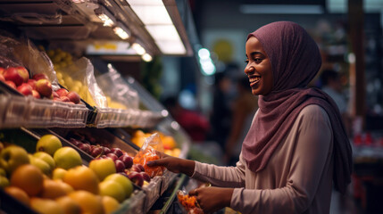 Smiling Woman Selecting Fresh Fruits with Care in Well-Stocked Supermarket