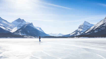A solitary skater glides across a frosty lake against the backdrop of snowy mountains.