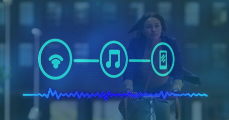 Image of three digital icons and data processing over woman riding bike in city