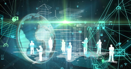 Image of network of connections with icons over globe and people's silhouettes