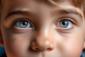 Close-up portrait of a young boy with strikingly vivid and captivating blue eyes.
