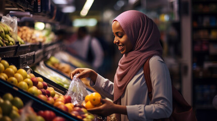 Joyful Woman Shopping for Fresh Fruits in Supermarket Amidst Colorful Aisles