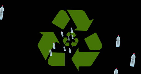 Image of bottles and recycling symbol on black background