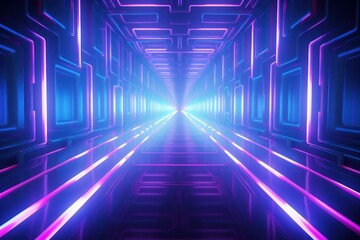 abstract background of futuristic corridor with purple and blue shiny glowing light , tunnel background