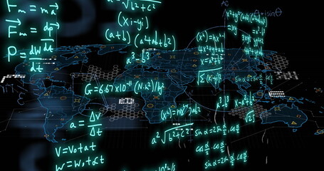 Image of mathematical formulae and scientific data processing over black background
