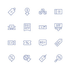 Discounts line icon set on transparent background with editable stroke. Containing promo, 50 percent, 90 percent, discount, discounttag, shoppingbag, percentage, 30 percent, tag.