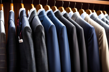 Fototapeta premium Mens Suits and Blazers Collection on Wooden Hangers in a Clothing Store.