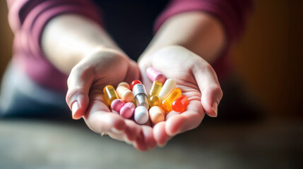 Nourishing Touch: Caring Hand of a Young Woman Holding a Bundle of Vital Vitamin Pills