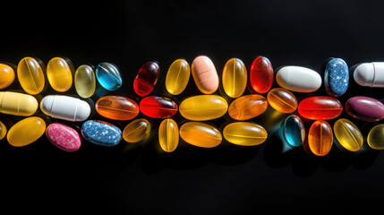 Colorful Vitamin Pills Arranged in Neat Rows on Black Background for Commercial Use