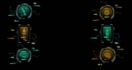 Image of scopes and scientific data processing over black background