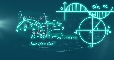 Image of mathematical formulae and scientific data processing over black background