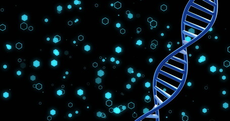 Image of dna strand spinning with spots of light over black background