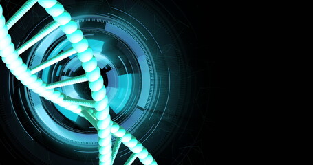 Image of dna strand spinning with data processing over black background