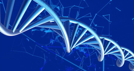 Image of dna strands spinning with glowing light trails over blue background