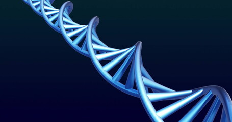 A 3D illustration of a DNA double helix in blue tones