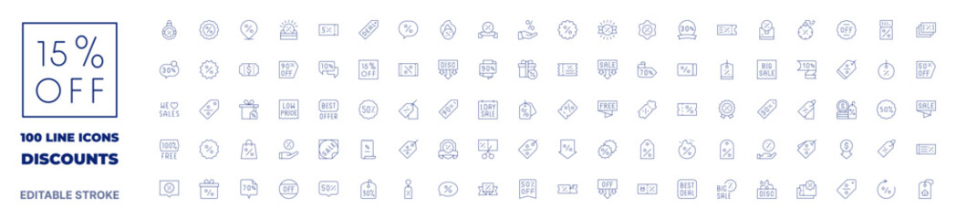 100 icons Discounts collection. Thin line icon. Editable stroke. Discounts icons for web and mobile app.
