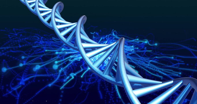 A digital illustration of a DNA double helix in blue hues