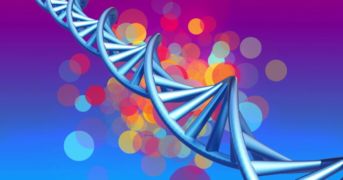 Image of dna strand spinning over glowing spots lights on blue background