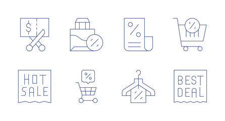 Discounts icons. Editable stroke. Containing voucher, hotsale, discount, shoppingcart.