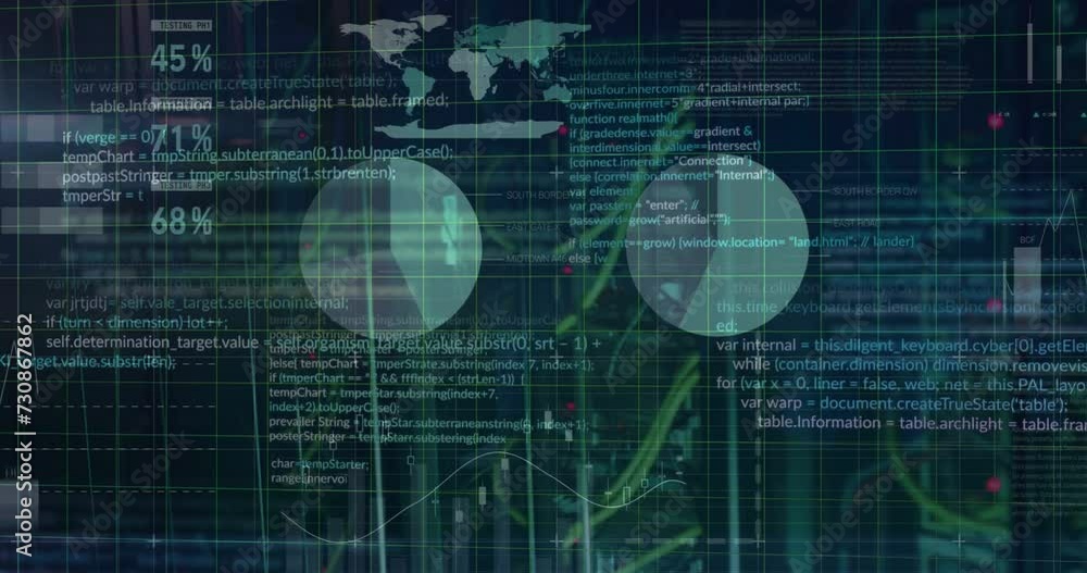 Poster animation of financial data processing on black background