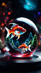 This image captures a mesmerizing scene of two goldfish swimming within a snow globe, set against a magical nighttime backdrop with soft, glowing lights.