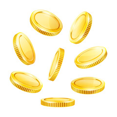 Set of Gold coins. Cash change money falling down. Coins isolated on white transparent background. Vector illustration.