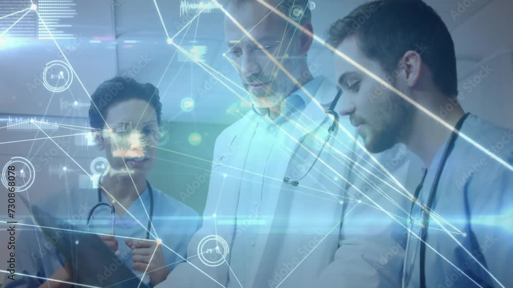 Poster animation of network of connections with data processing over diverse doctors in hospital