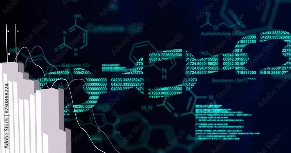 Poster animation of chain and chemical formula over data processing and diagrams on black background