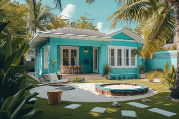 A side angle view of a craftsman house in a vibrant turquoise, with a backyard featuring a Caribbean beach theme with a sand pit and palm trees. - obrazy, fototapety, plakaty