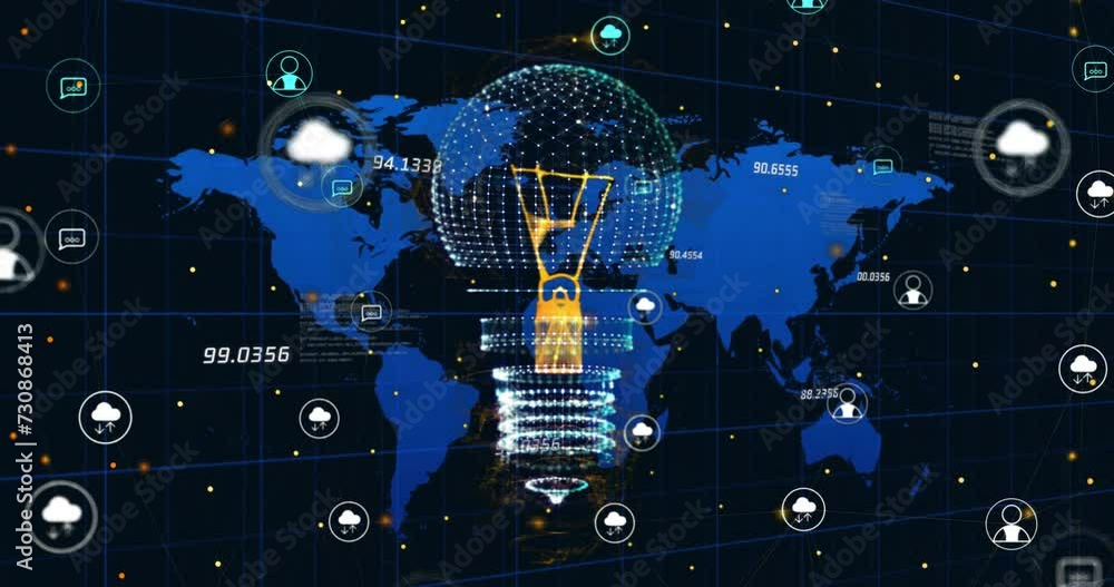 Poster animation of digital lightbulb and media icons over world map and data processing