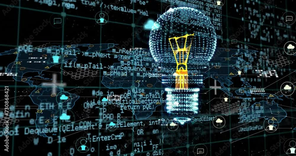 Poster animation of digital lightbulb and media icons over world map and data processing