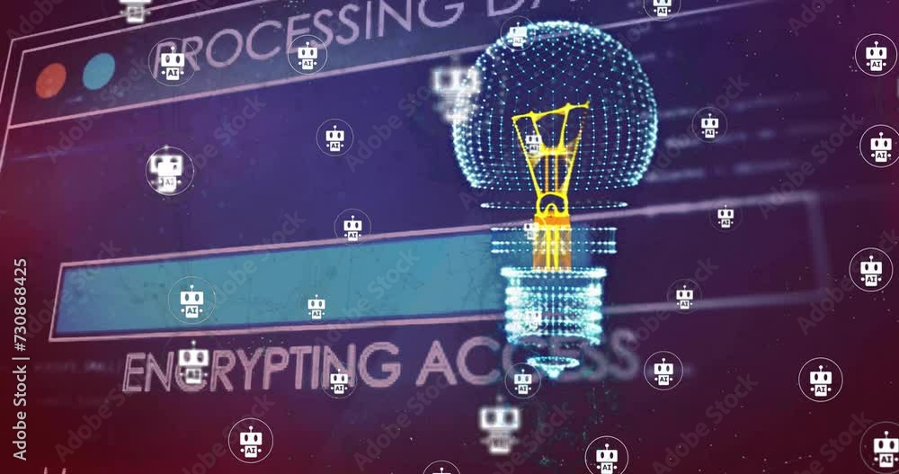 Poster animation of digital lightbulb and robot icons over loading bar and data processing
