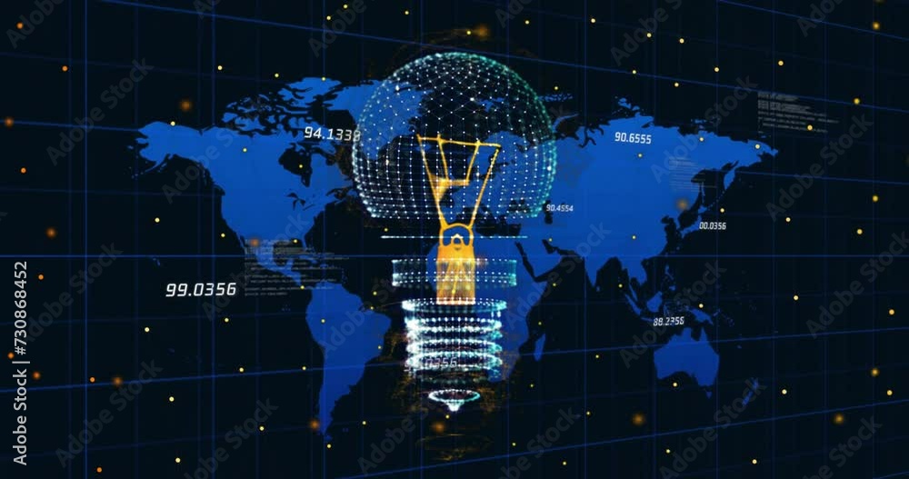 Poster animation of digital lightbulb and media icons over world map and data processing