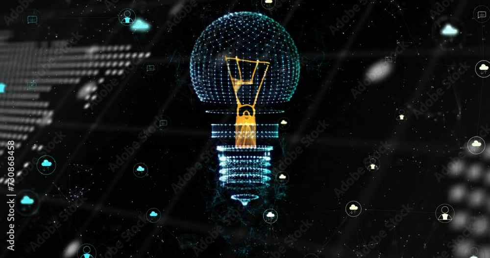 Poster animation of digital lightbulb and media icons over world map and data processing