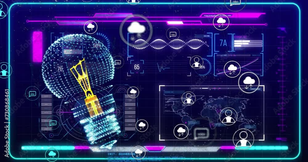 Poster animation of digital lightbulb and media icons over world map and data processing