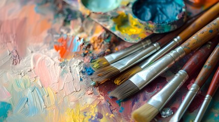 Fototapeta premium Artist's Palette with Paint Brushes and Mixed Colors