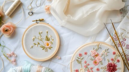 Embroidery Hoops with Floral Patterns and Sewing Accessories