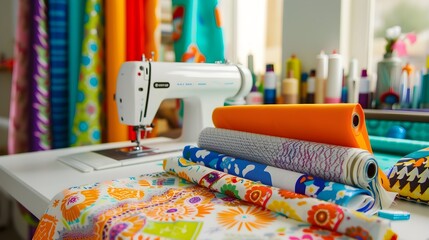 Colorful Fabric Rolls and Sewing Machine on Craft Table