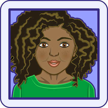 Avatar profile pic of young multi-ethnic or part African-American woman with curly hair. Vector illustration.