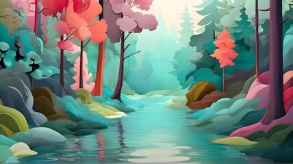 A illustration of scenic landscape in pastel color background