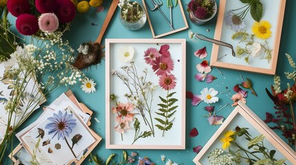 Artistic Display of Pressed Flowers and Botanical Elements