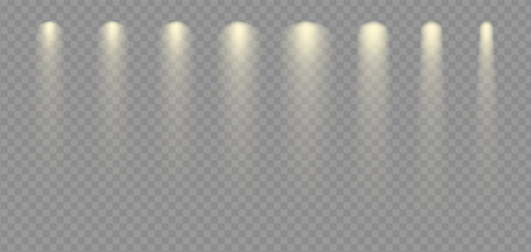 Spot lights shine to illuminate podium. Stage backdrop electric lightning. White ray or sun beam effect on transparent png vector. Music club projectors