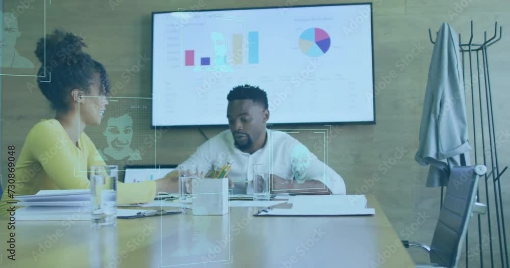 Poster animation of data processing with portraits over diverse colleagues having meeting in office