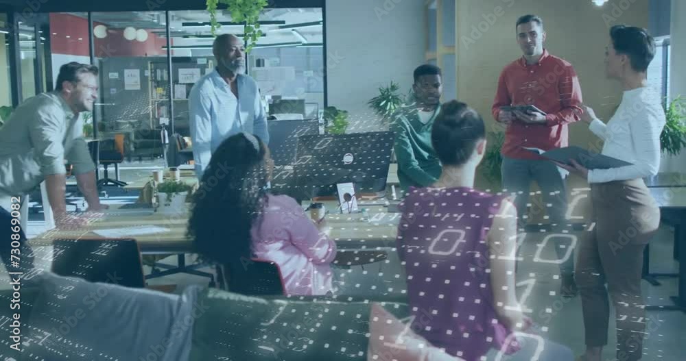 Poster animation of data processing over diverse colleagues having meeting in office