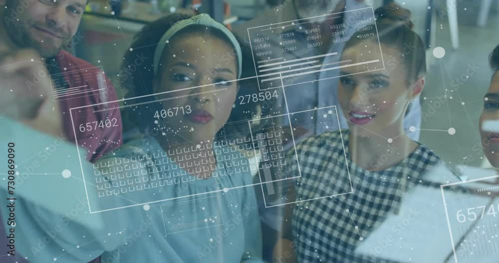 Poster animation of connections and data processing over diverse colleagues having meeting in office
