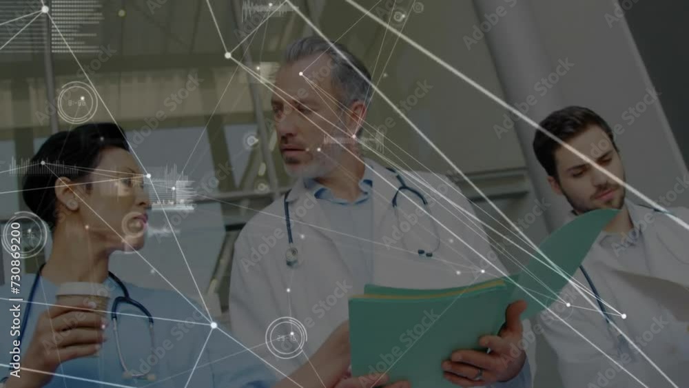 Poster animation of network of connections with data processing over diverse doctors in hospital