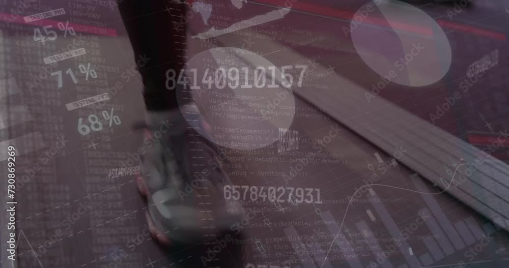 Poster animation of financial data processing over man walking on treadmill