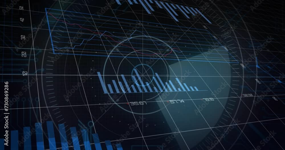Poster animation of financial data processing over scope scanning on black background