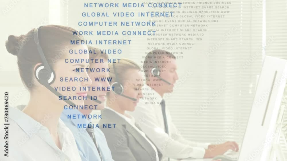 Poster animation of world map of business text over diverse colleagues working with computers and headsets