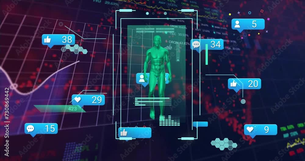 Aufkleber animation of social media notifications over walking figure on interface and processing data